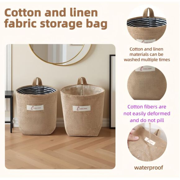 Collapsible Burlap Cotton Linen Hanging Storage Basket 4-Pack - Picture 5 of 6